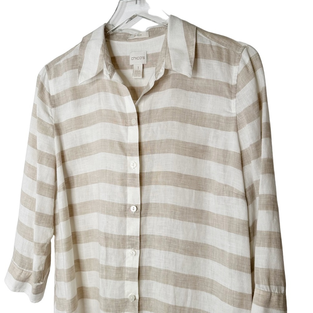 Chicos Linen No Iron Tan White Button Down Preppy Coastal Top Size 1 Medium/10 - Picture 3 of 7